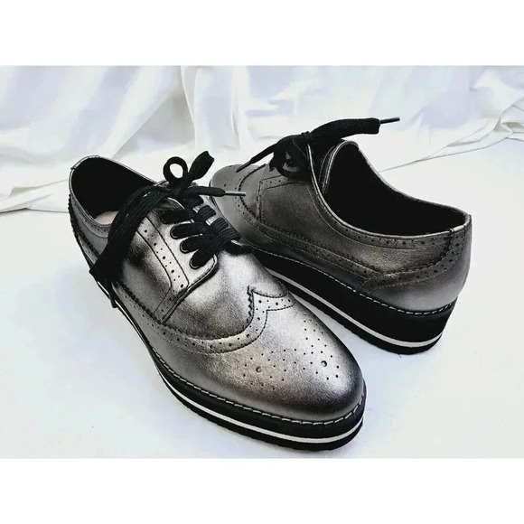 Zara Women's Size 40 (US 9.5-10) Charcoal Gray Wingtip Playform Lace Up Shoes - Picture 12 of 14